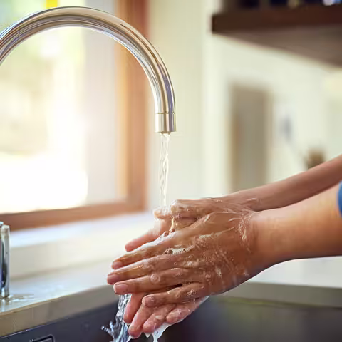 Foto: Nahaufnahme der Arme von jemandem, der sich an der Spüle vor dem Fenster die Hände wäscht
