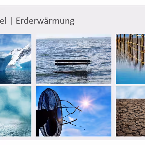 Der Screenshot zeigt eine beispielhafte Seite des im Text beschriebenen Bilderpools mit den Voransichten von sechs BIldern zum Thema Klimawandel und Erderwärmung.