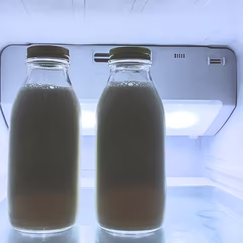 Foto: zwei Milchflaschen in einem bläulich beleuchteten Kühlschrank