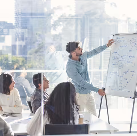 Foto: Geschäftsleute, die sich eine Präsentation auf dem Whiteboard ansehen. Ein Mann schreibt auf das Whiteboard mit Diagrammen und Grafiken, die anderen sitzen an einem Tisch davor. Alle sind leger gekleidet. Hinter ihnen befindet sich ein Fenster mit Blick auf die Stadt.