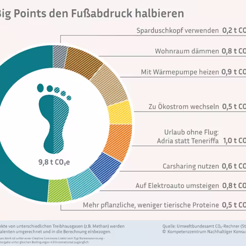 Die Infografik zeigt die im Text beschriebenen Reduzierungen des durchschnittlichen Pro-Kopf-CO2-Fußabdrucks durch die acht Big Points.