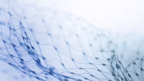 Foto: Nahaufnahme eines bläulichen Fischernetzes vor weißem Grund