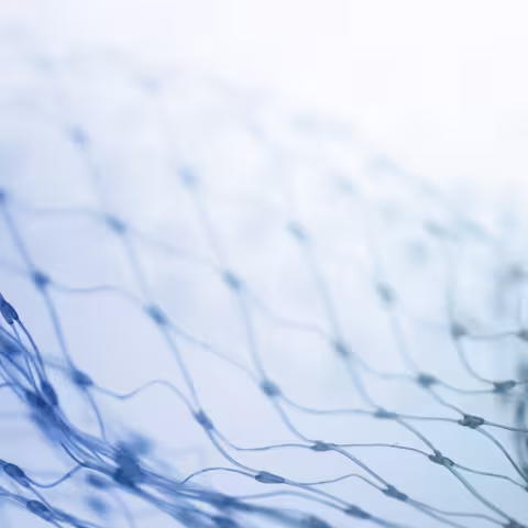 Foto: Nahaufnahme eines bläulichen Fischernetzes vor weißem Grund