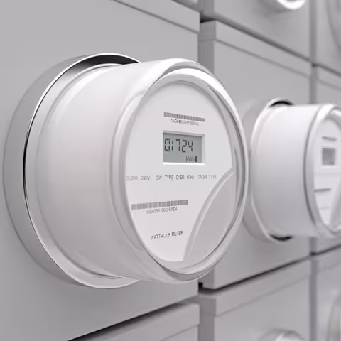 Foto: mehrere weiße intelligente Stromzähler an einer Wand.