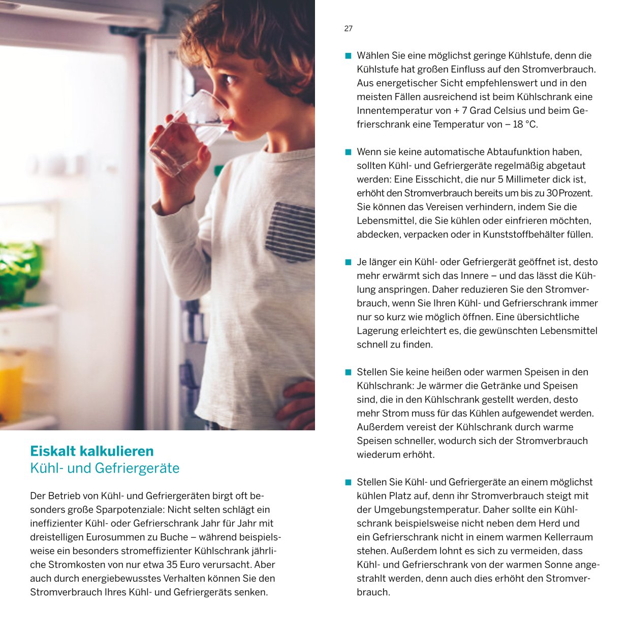 Beispielseite der Broschüre „Energiesparbuch“ mit Energiespartipps zum Thema Kühlschrank